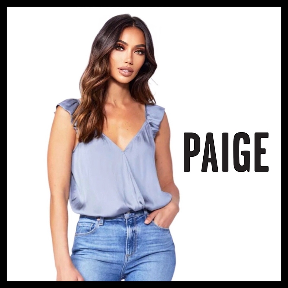PAIGE Luxury V-back Ruffled Cap Lunah Bodysuit in Flint Blue Size (S) Small NEW